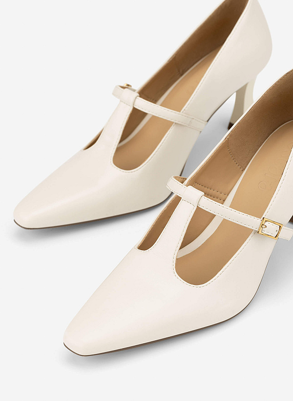 Spool Heel T-strap Pumps - HIG 0700 - Cream - VASCARA