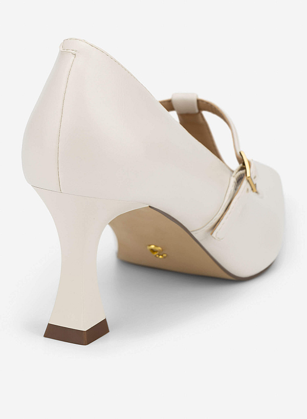 Spool Heel T-strap Pumps - HIG 0700 - Cream - VASCARA