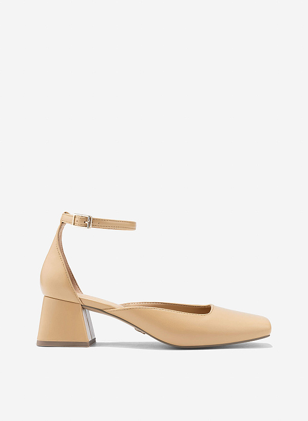 Square Toe Ankle Strap Pumps - HIG 0670 - Beige