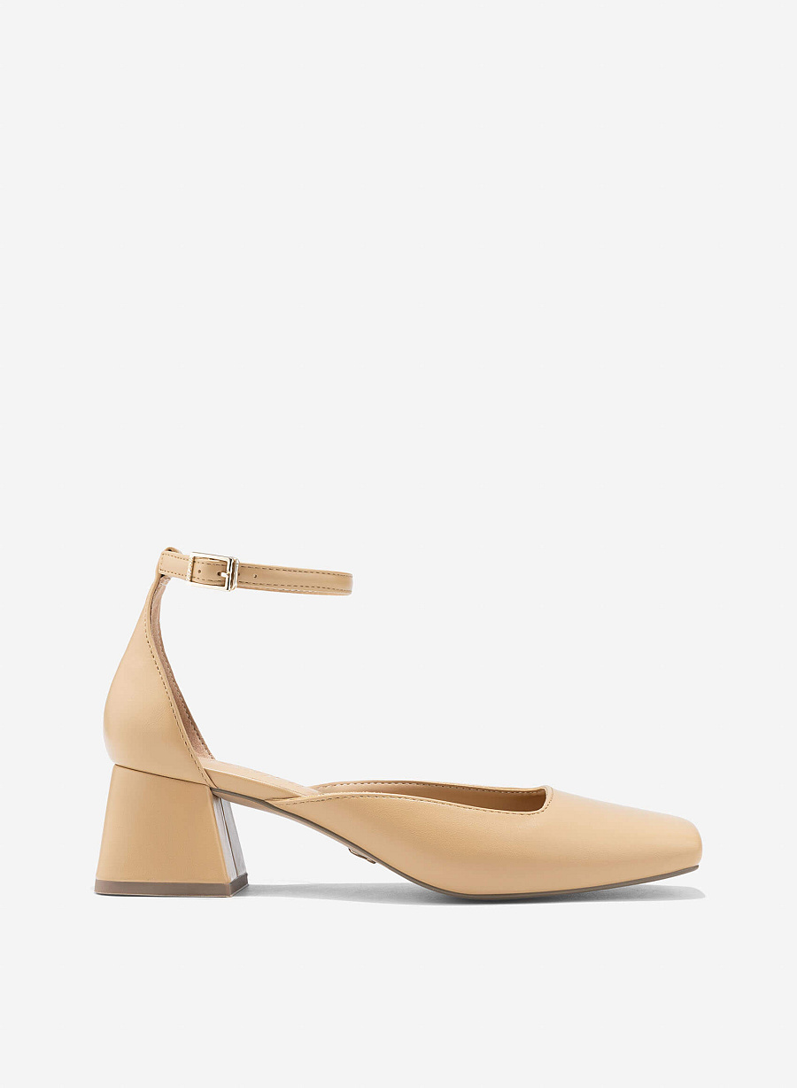Square Toe Ankle Strap Pumps - HIG 0670 - Beige - vascara.com