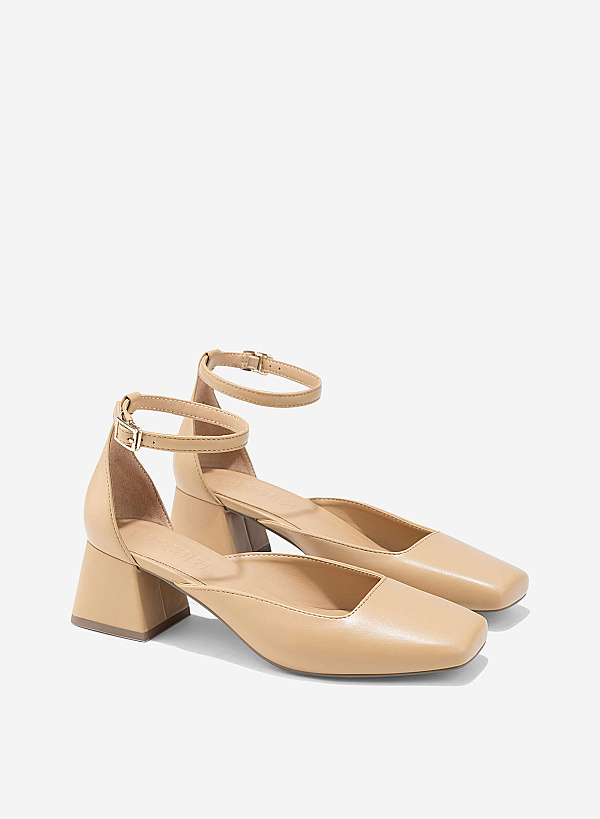 Square Toe Ankle Strap Pumps - HIG 0670 - Beige - VASCARA