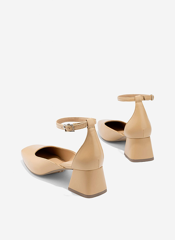 Square Toe Ankle Strap Pumps - HIG 0670 - Beige - VASCARA