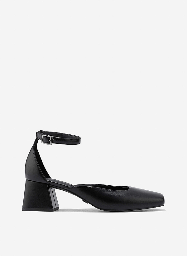 Square Toe Ankle Strap Pumps - HIG 0670 - Black