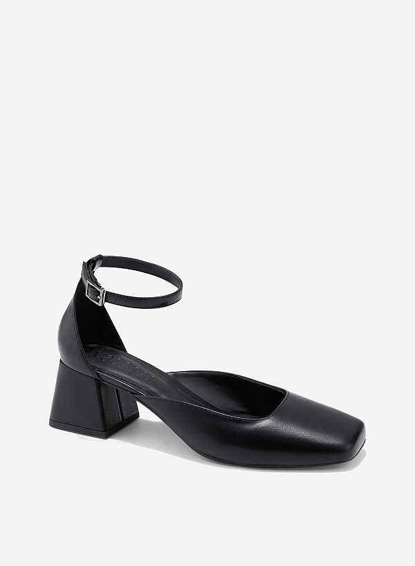 Square Toe Ankle Strap Pumps - HIG 0670 - Black - VASCARA