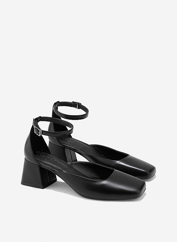 Square Toe Ankle Strap Pumps - HIG 0670 - Black - VASCARA