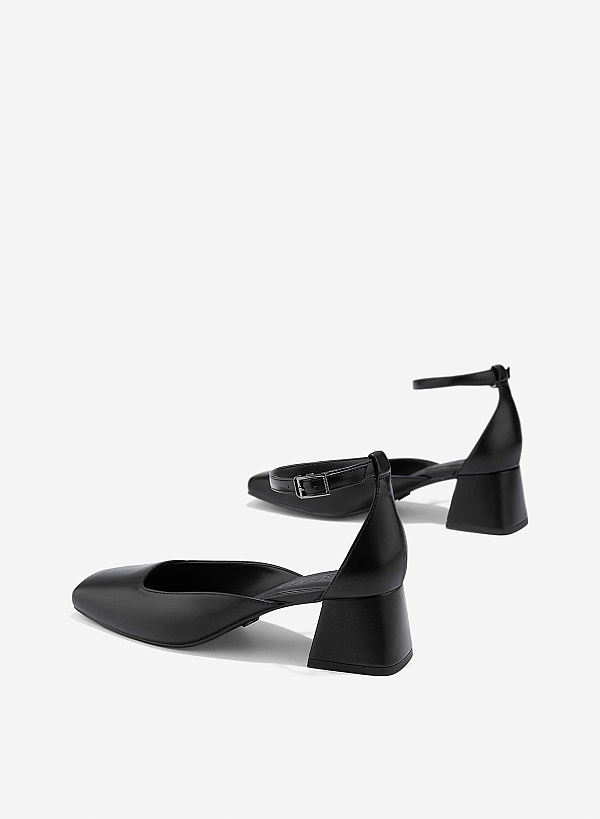 Square Toe Ankle Strap Pumps - HIG 0670 - Black - VASCARA