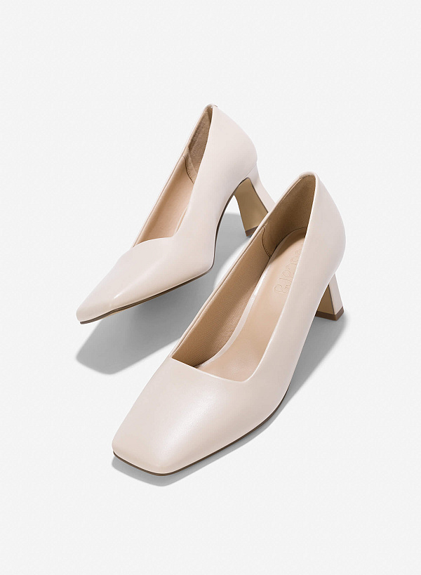 Square-Toe Block Heel Pumps - HIG 0641 - Cream - VASCARA