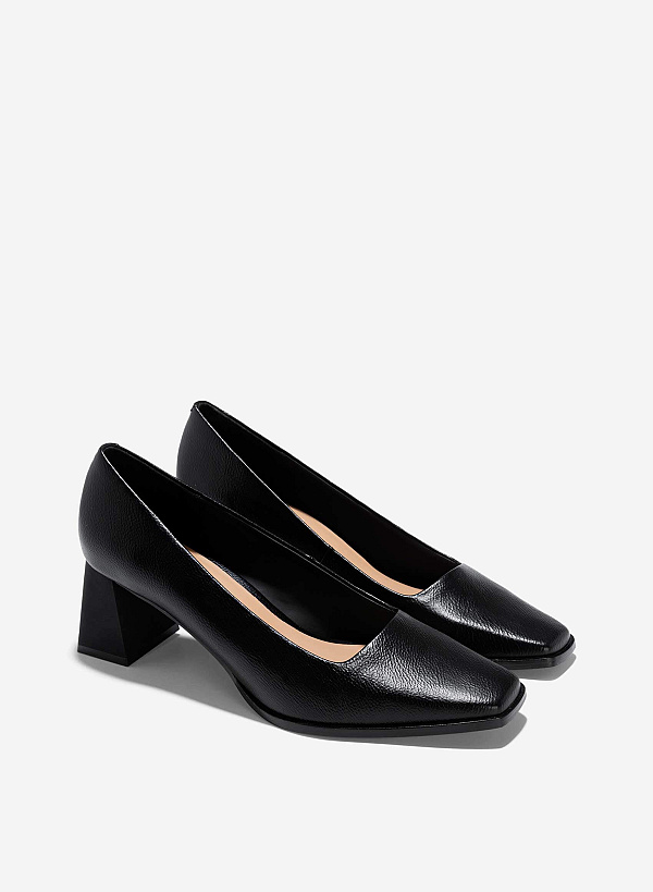 Square-Toe Block Heel Pumps - HIG 0656 - Black - VASCARA