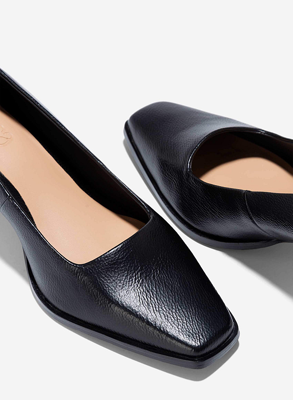 Square-Toe Block Heel Pumps - HIG 0656 - Black - VASCARA
