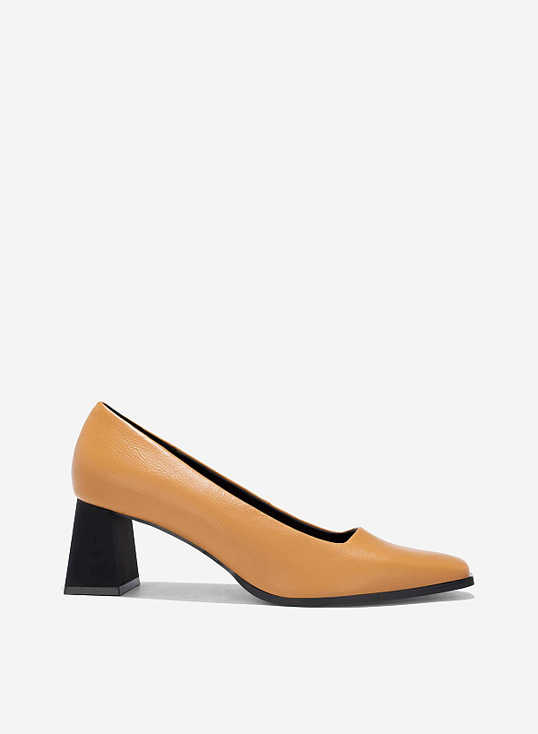 Square-Toe Block Heel Pumps - HIG 0656 - Light Brown