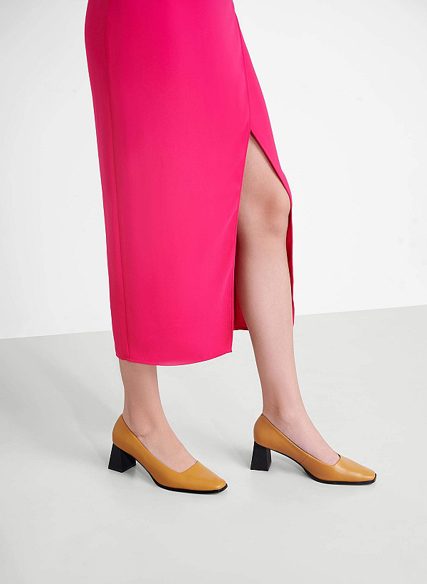 Square-Toe Block Heel Pumps - HIG 0656 - Light Brown - VASCARA
