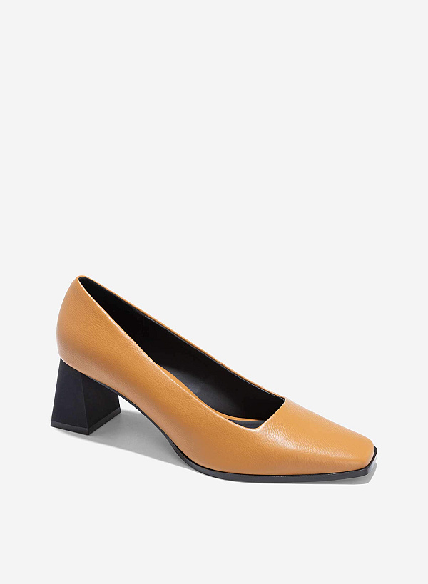 Square-Toe Block Heel Pumps - HIG 0656 - Light Brown - VASCARA