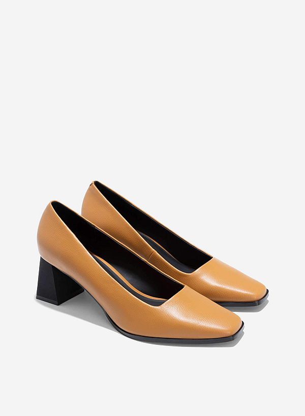 Square-Toe Block Heel Pumps - HIG 0656 - Light Brown - VASCARA