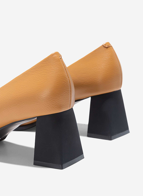 Square-Toe Block Heel Pumps - HIG 0656 - Light Brown - VASCARA