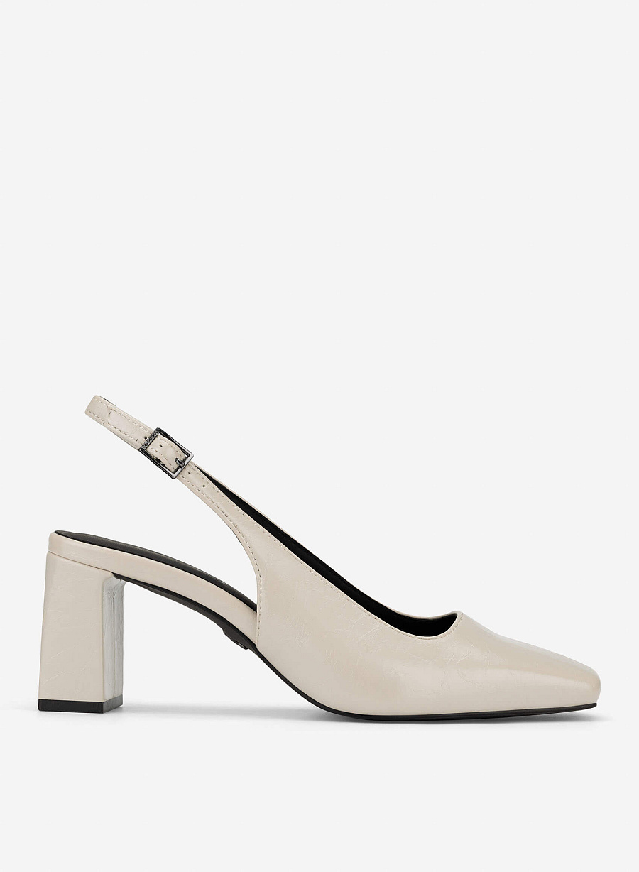 Square Toe Block Heel Slingbacks - HIG 0718 - Cream - vascara.com