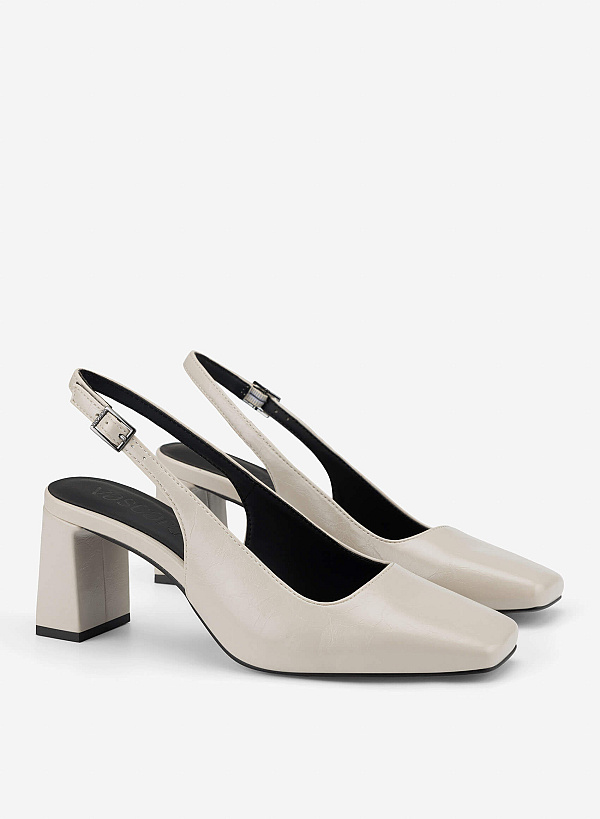 Square Toe Block Heel Slingbacks - HIG 0718 - Cream - VASCARA