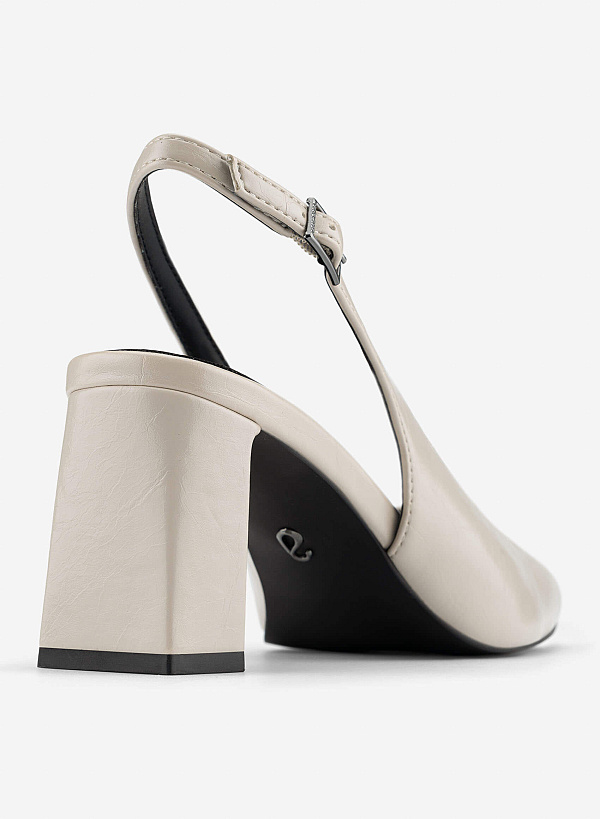 Square Toe Block Heel Slingbacks - HIG 0718 - Cream - VASCARA