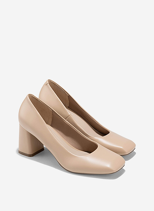 Square Toe Block Heeled Pumps - HIG 0673 - Beige - VASCARA