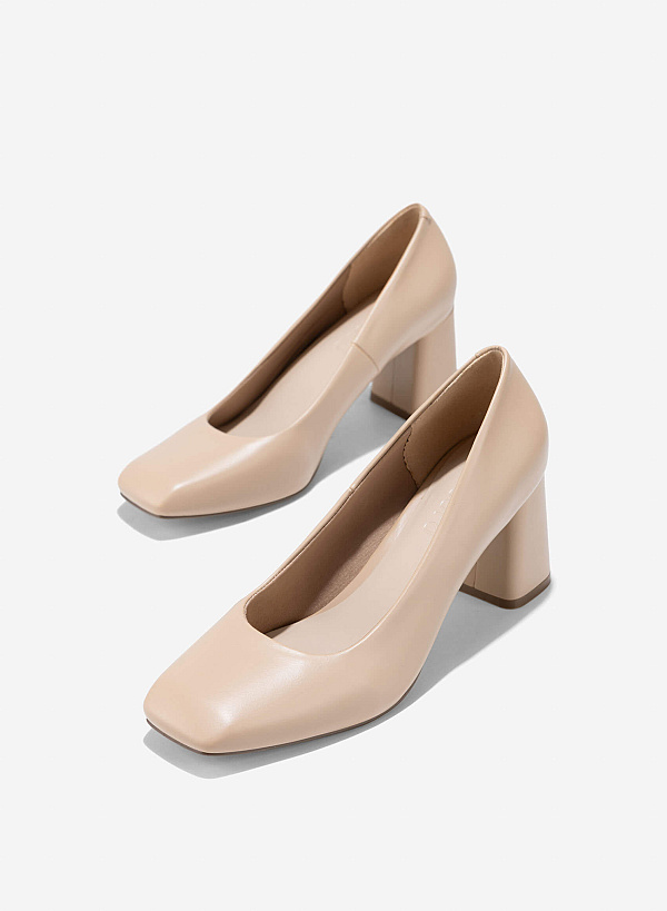 Square Toe Block Heeled Pumps - HIG 0673 - Beige - VASCARA