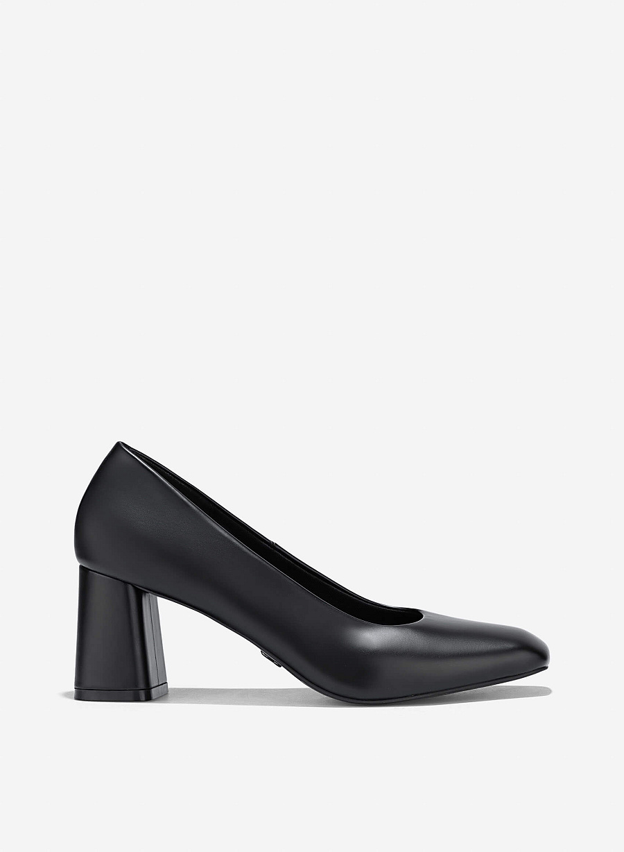 Square Toe Block Heeled Pumps - HIG 0673 - Black - vascara.com