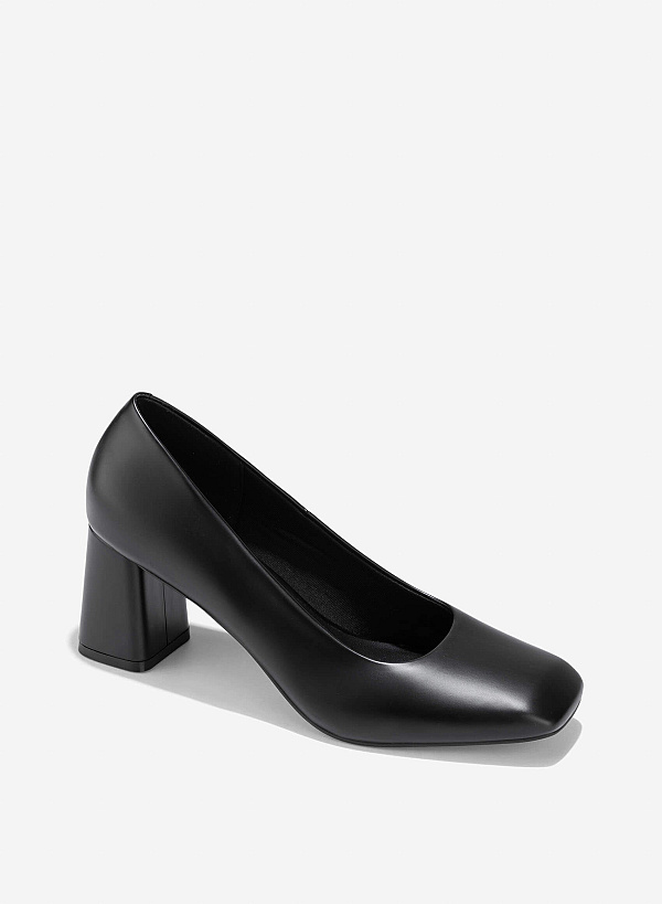 Square Toe Block Heeled Pumps - HIG 0673 - Black - VASCARA