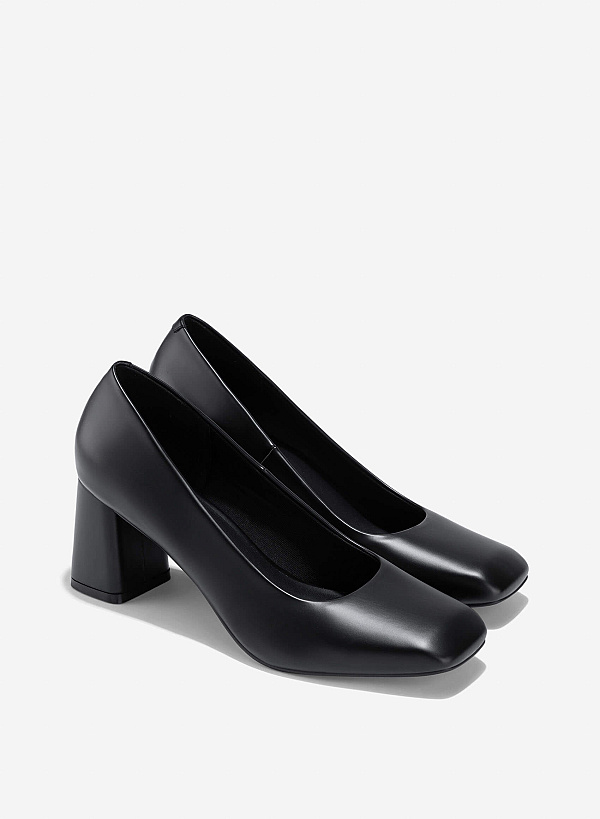 Square Toe Block Heeled Pumps - HIG 0673 - Black - VASCARA