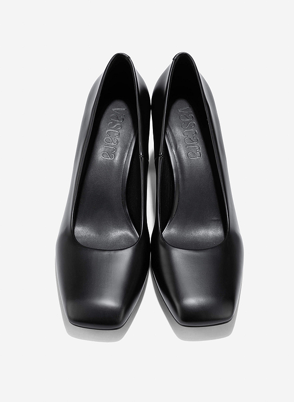 Square Toe Block Heeled Pumps - HIG 0673 - Black - VASCARA