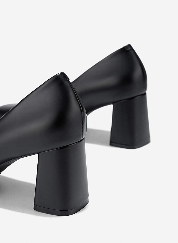 Square Toe Block Heeled Pumps - HIG 0673 - Black - VASCARA