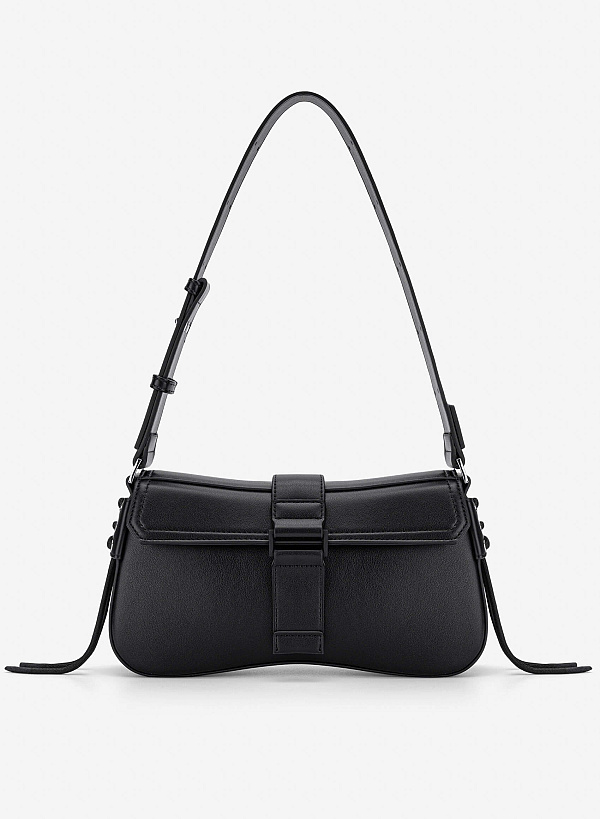 Trendy Lock Fold-Over Shoulder Bag - MES 0276 - Black