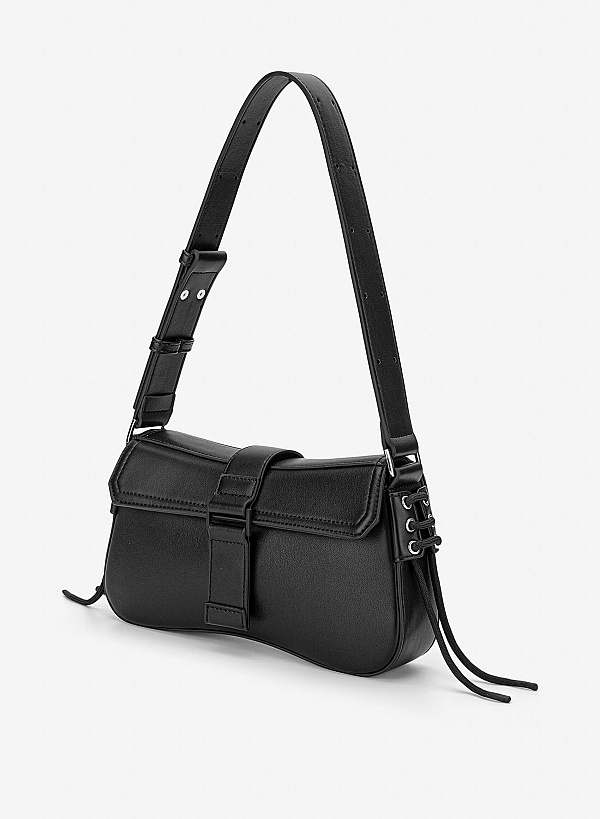 Trendy Lock Fold-Over Shoulder Bag - MES 0276 - Black - VASCARA