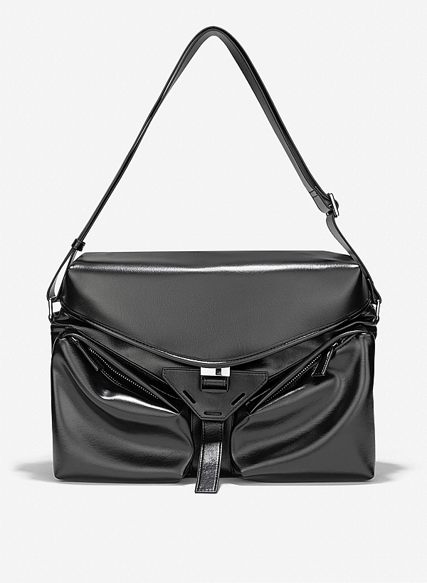Trendy Patent Leather Flap Satchel Bag - SAC 0331 - Black