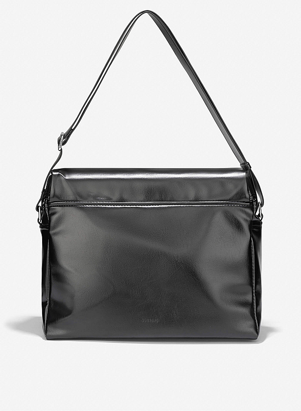 Trendy Patent Leather Flap Satchel Bag - SAC 0331 - Black - VASCARA