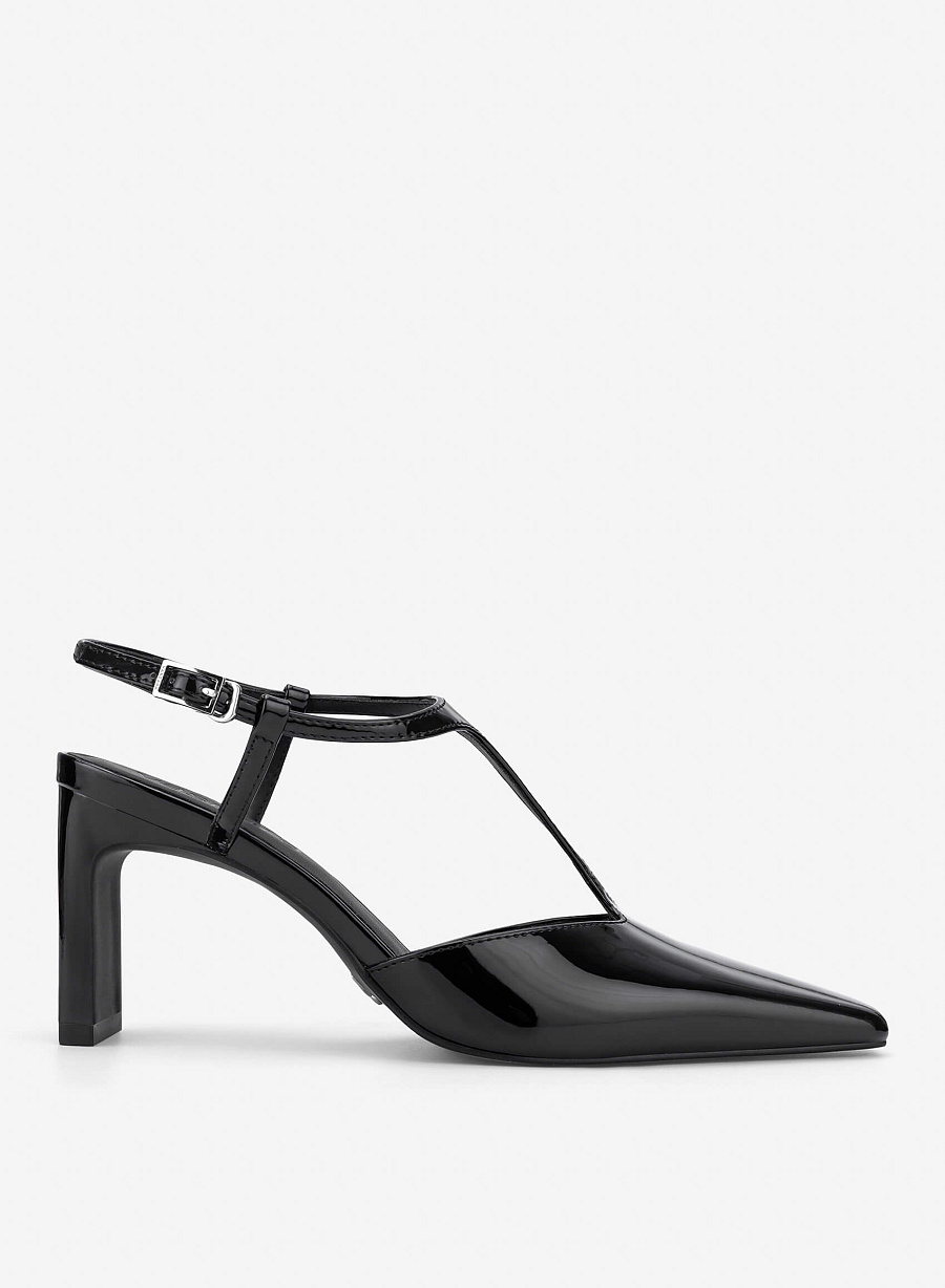 T‑Strap Pointed Block Heel Mules - HIG 0715 - Black - vascara.com
