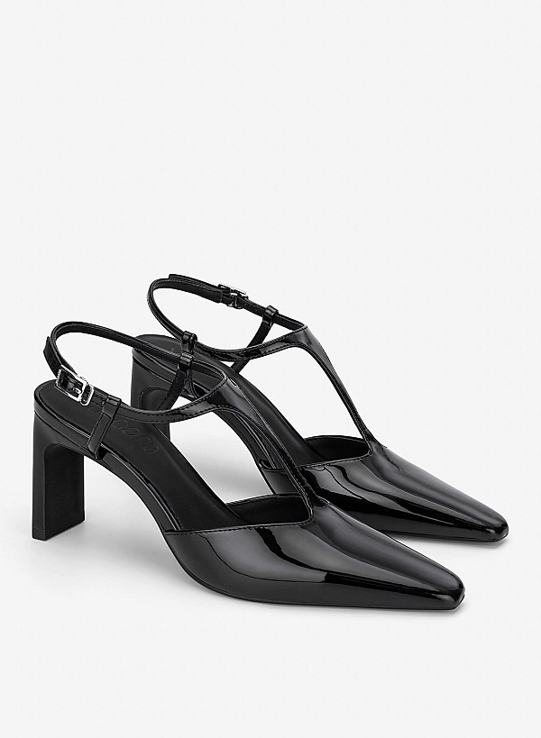 T‑Strap Pointed Block Heel Mules - HIG 0715 - Black - VASCARA