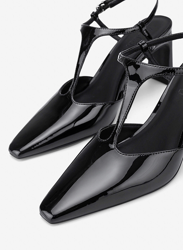 T‑Strap Pointed Block Heel Mules - HIG 0715 - Black - VASCARA