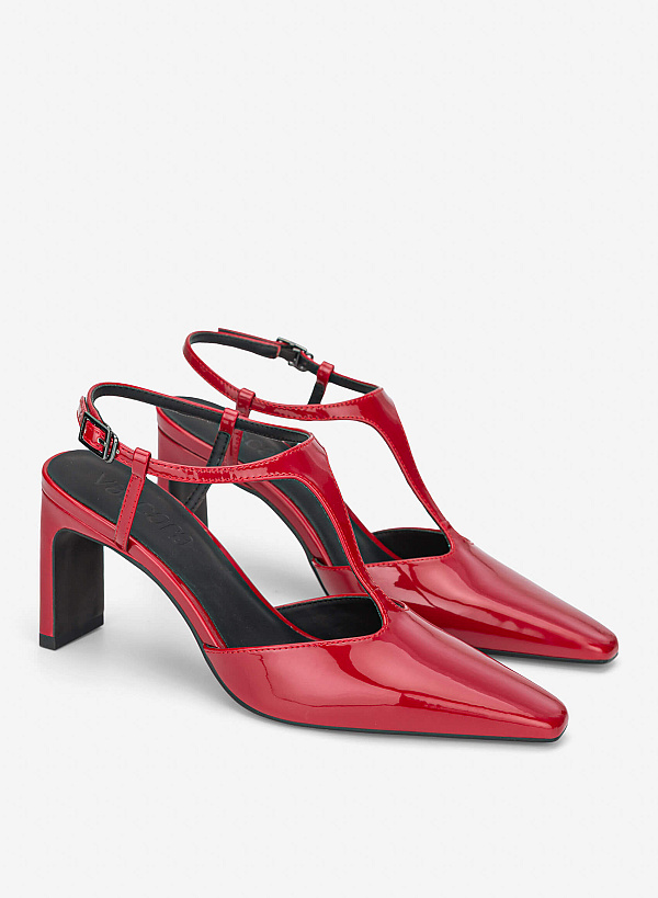 T‑Strap Pointed Block Heel Mules - HIG 0715 - Red - VASCARA