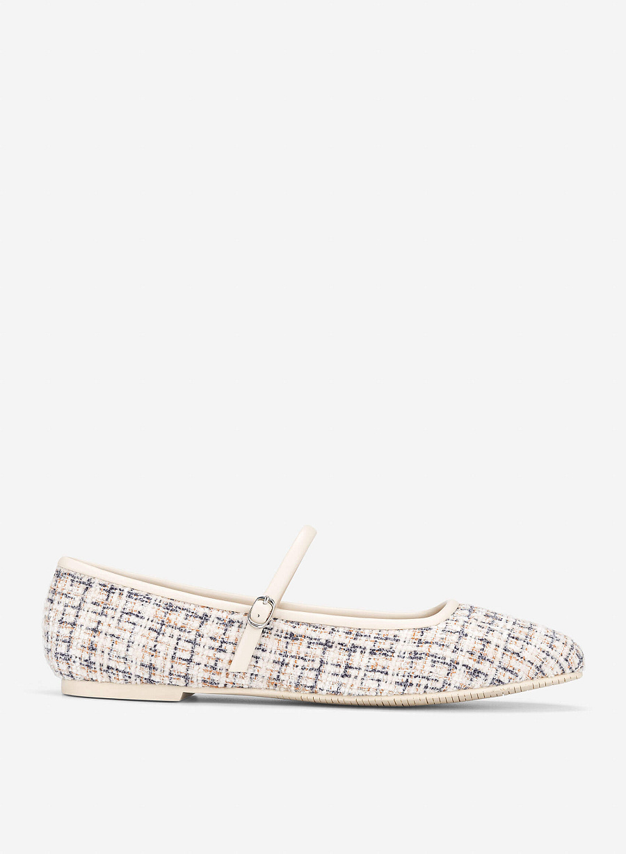 Tweed Ballerina Mary Janes - SLI 0440 - Cream - vascara.com