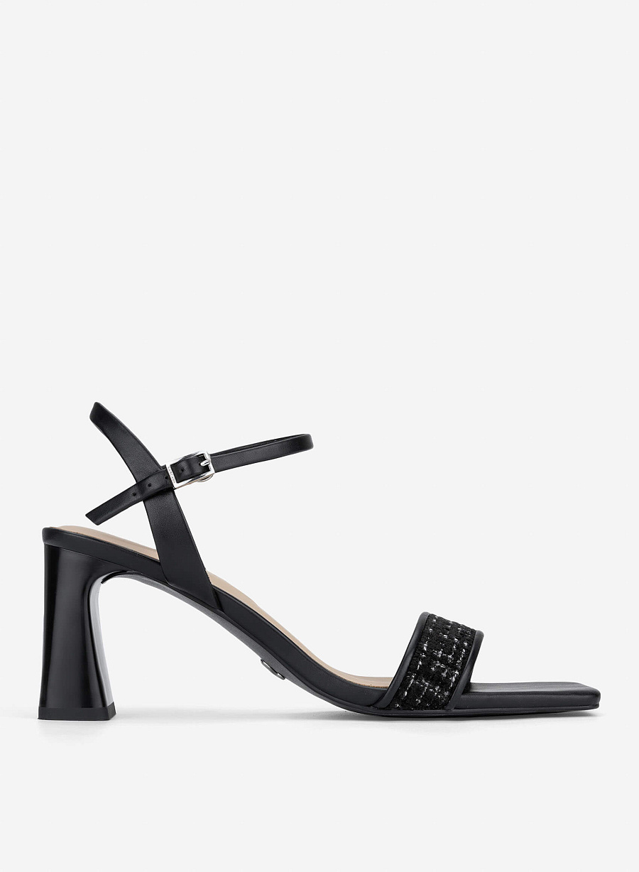 Tweed Block Heel Sandals - PUM 0816 - Black - vascara.com