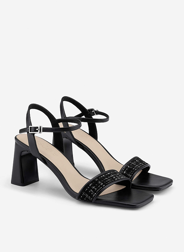 Tweed Block Heel Sandals - PUM 0816 - Black - VASCARA