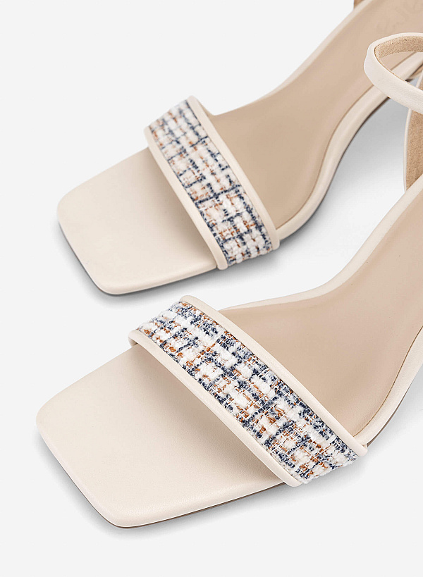 Tweed Block Heel Sandals - PUM 0816 - Cream - VASCARA