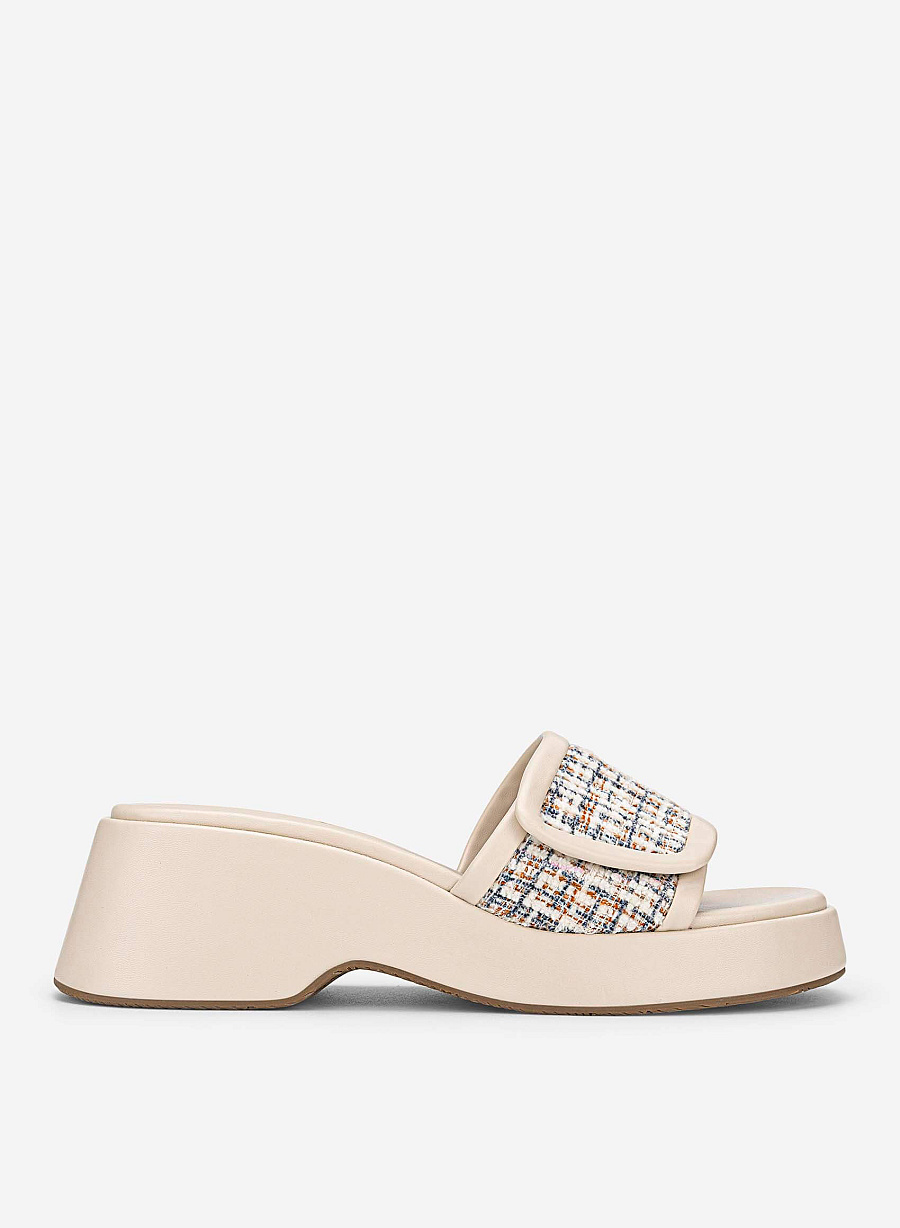 Tweed Chunky Flatform Slippers - WED 0059 - Cream - vascara.com