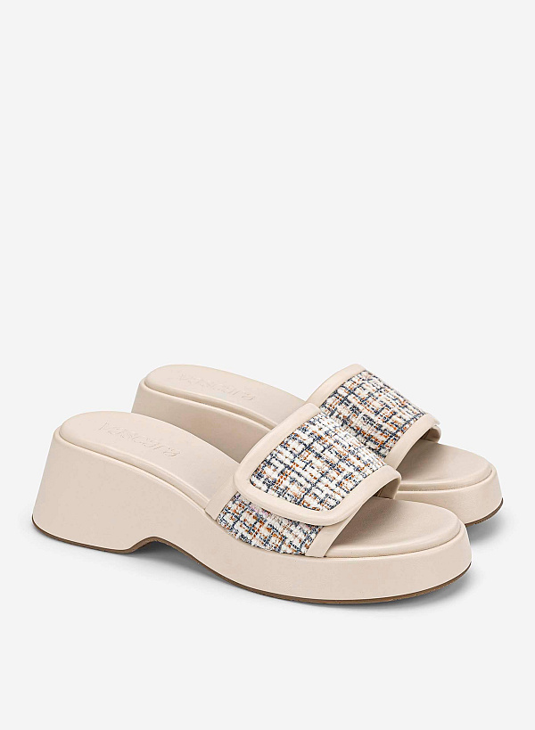 Tweed Chunky Flatform Slippers - WED 0059 - Cream - VASCARA