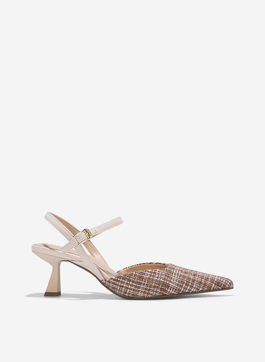 Tweed Fabric Kitten Heel Pumps - HIG 0639 - Cream - vascara.com