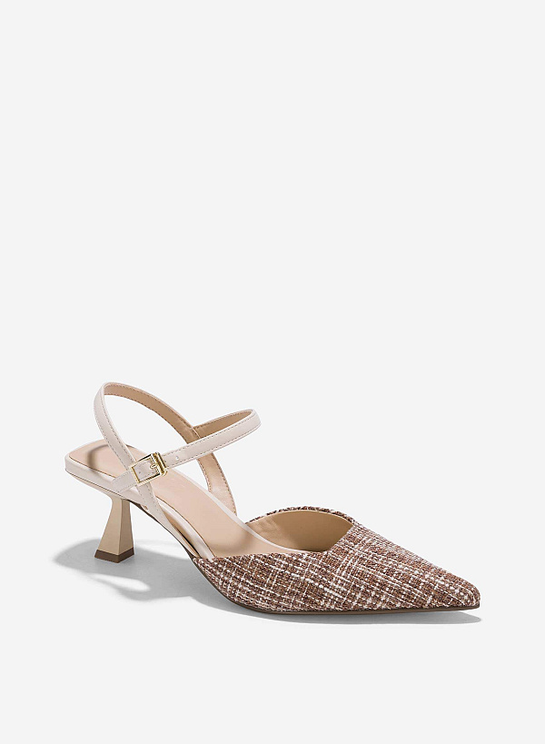 Tweed Fabric Kitten Heel Pumps - HIG 0639 - Cream - VASCARA