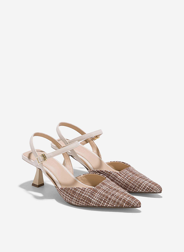Tweed Fabric Kitten Heel Pumps - HIG 0639 - Cream - VASCARA