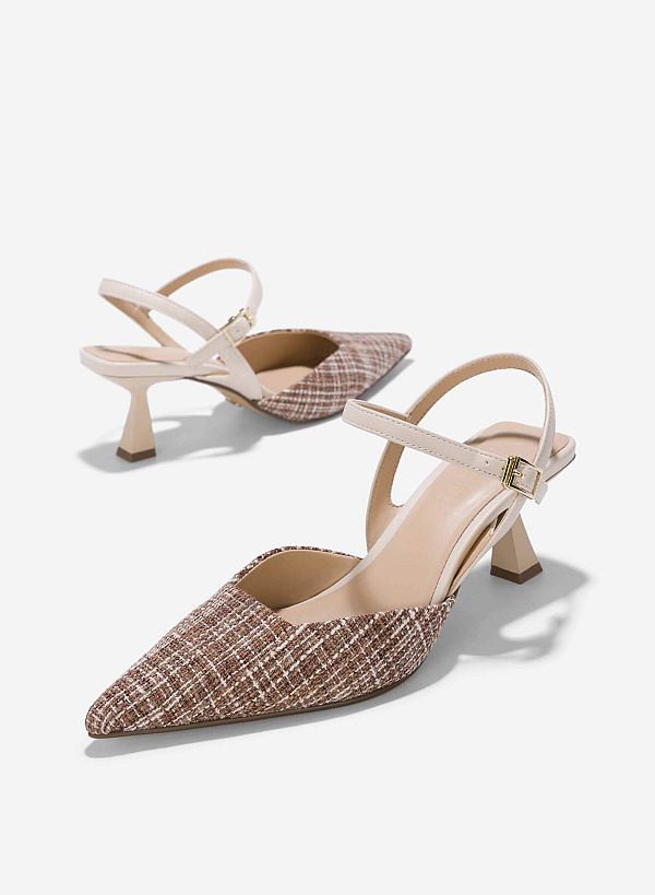 Tweed Fabric Kitten Heel Pumps - HIG 0639 - Cream - VASCARA