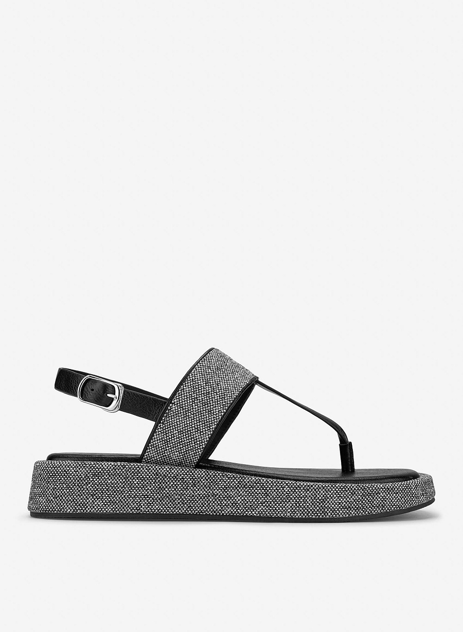 Tweed T-straps Sandals Slippers - SDL 0349 - Black - vascara.com
