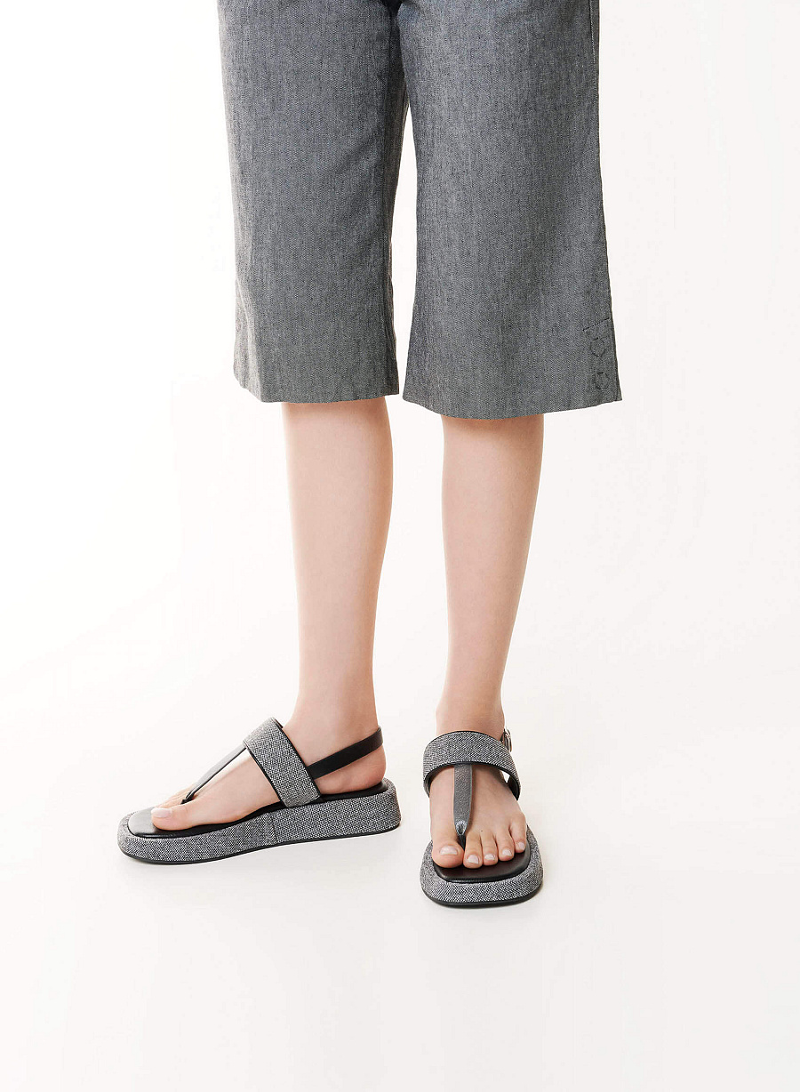 Tweed T-straps Sandals Slippers - SDL 0349 - Black - vascara.com
