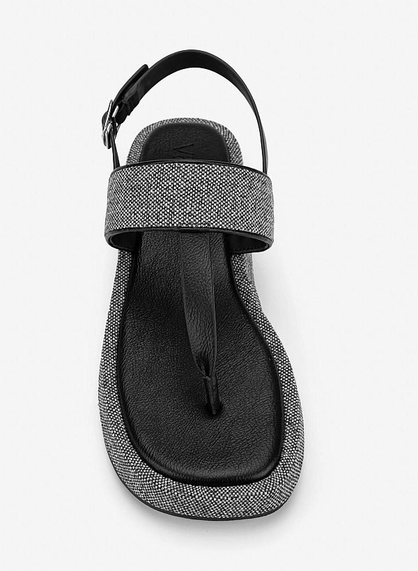 Tweed T-straps Sandals Slippers - SDL 0349 - Black - VASCARA