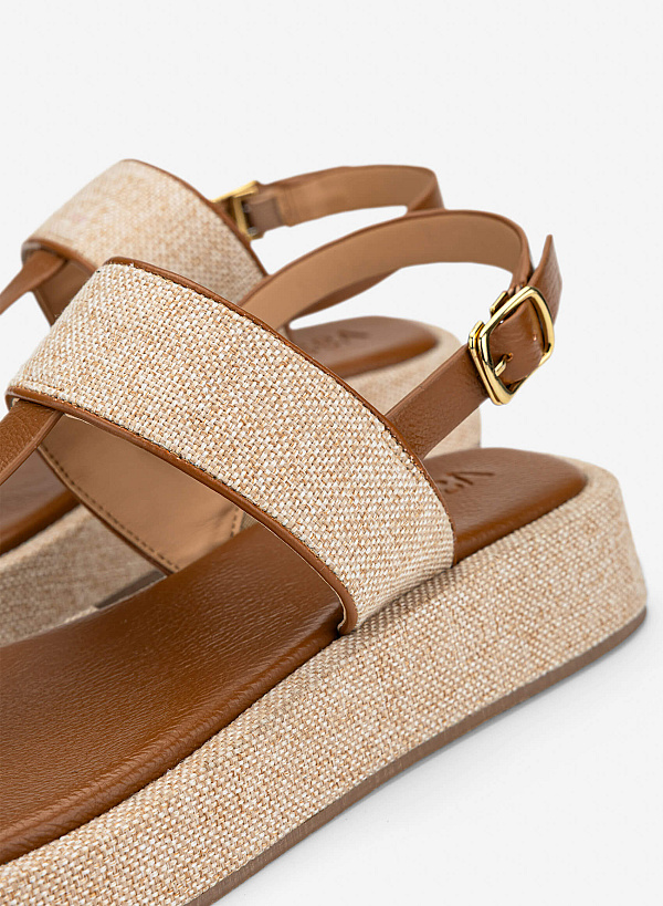 Tweed T-straps Sandals Slippers - SDL 0349 - Brown - VASCARA